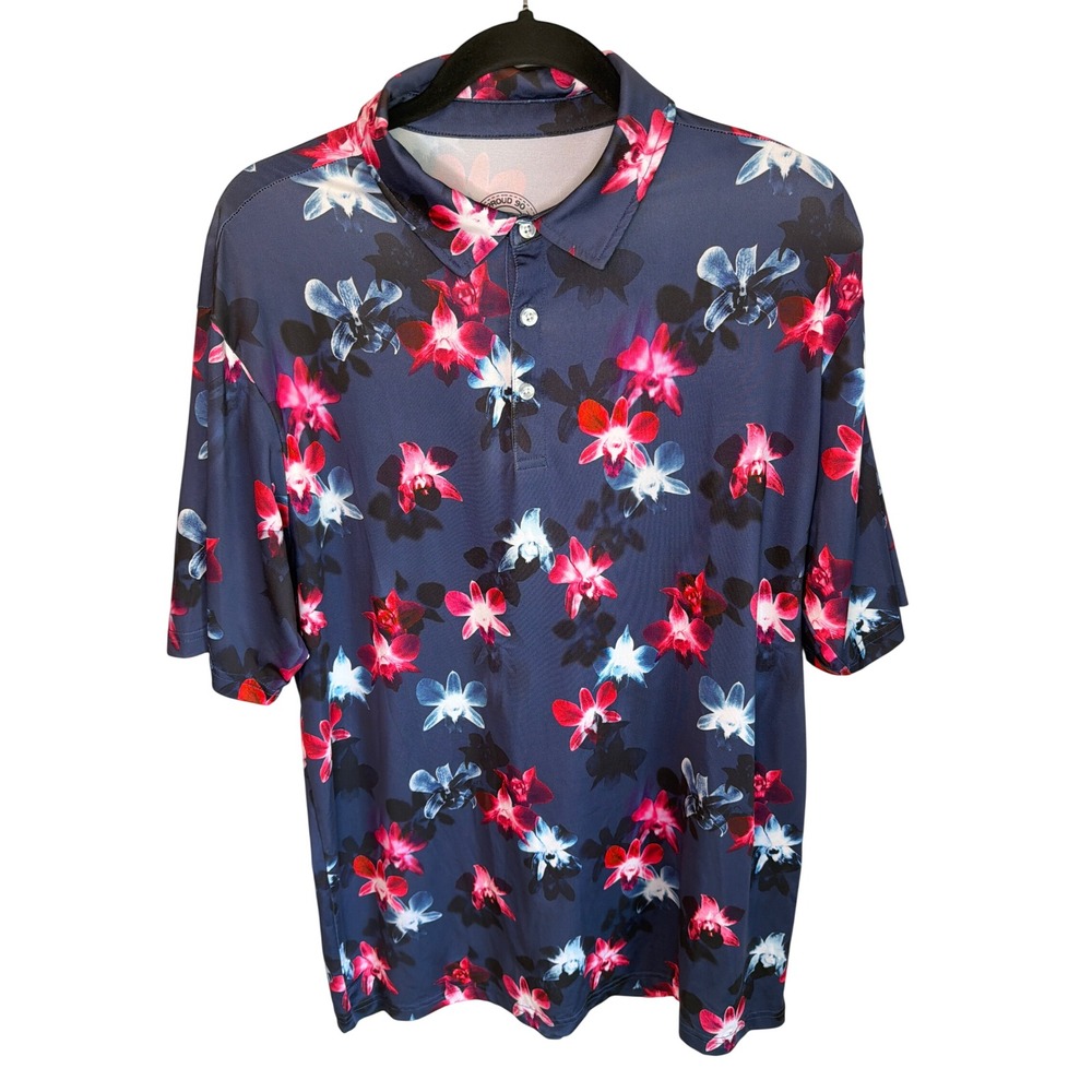 Proud 90 Mens Golf Is Fun Performance Polo Shirt Navy Orchid Floral Print Large